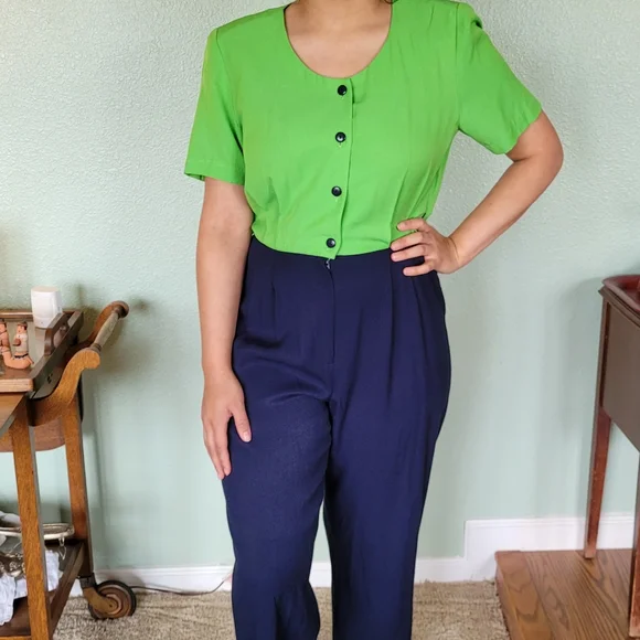 Vintage J.S.J. Petites Jumpsuit Size 10P Vibrant Green and Navy 80s Neon - Picture 1 of 10